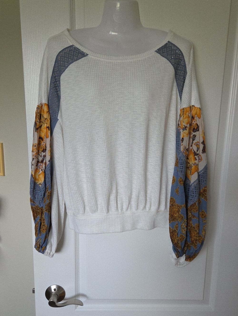 FREE PEOPLE White Pullover Top with Blue and Yellow Floral Sleeves - OVERSIZED